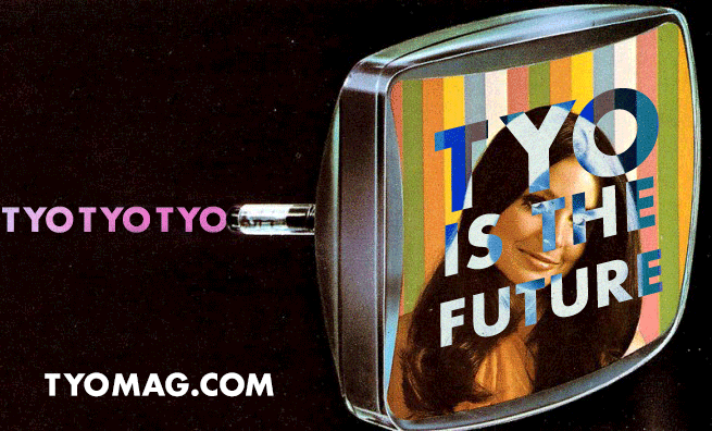An old fashioned CRT television with TYO streaming into the back while the text 'TYO is the future' flashes in the negative over top a woman on the screen